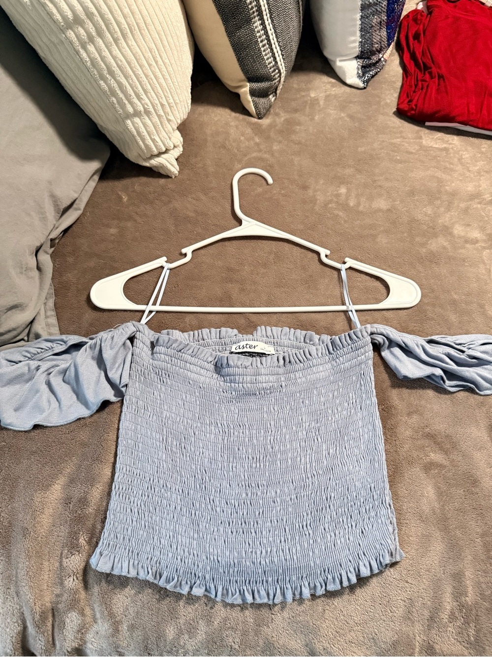 Smocked Off-Shoulder Crop Top in Light Blue